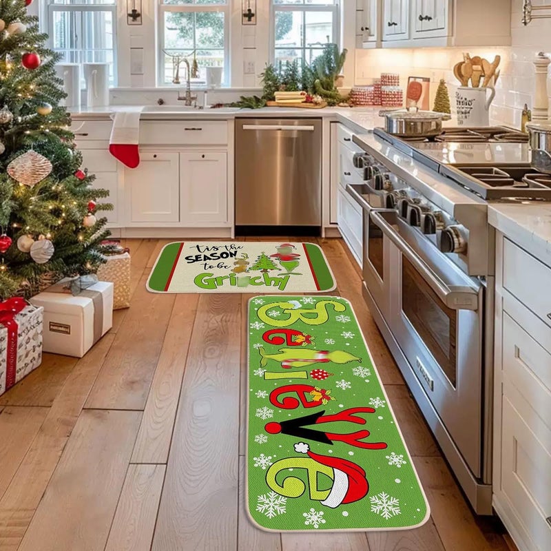 WDEHPBZ Christmas Kitchen Rugs Set 2-Piece, Kitchen Rugs Non Slip Washable Rugs with Holiday Designs for Kitchen Door and Sink Area, 17x47 & 17x29 Inch (Green) - Image 2